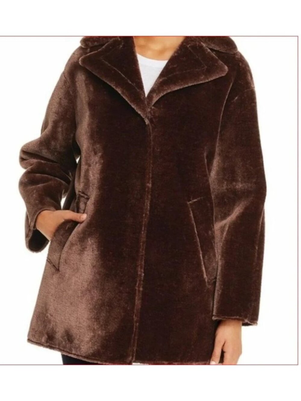 Tahari Faux Fur Shearling Chocolate Brown Machine Washable 3/4 Length Coat
